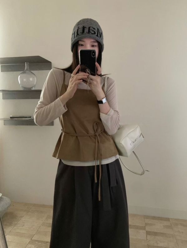 【麂皮吊帶綁帶上衣】 