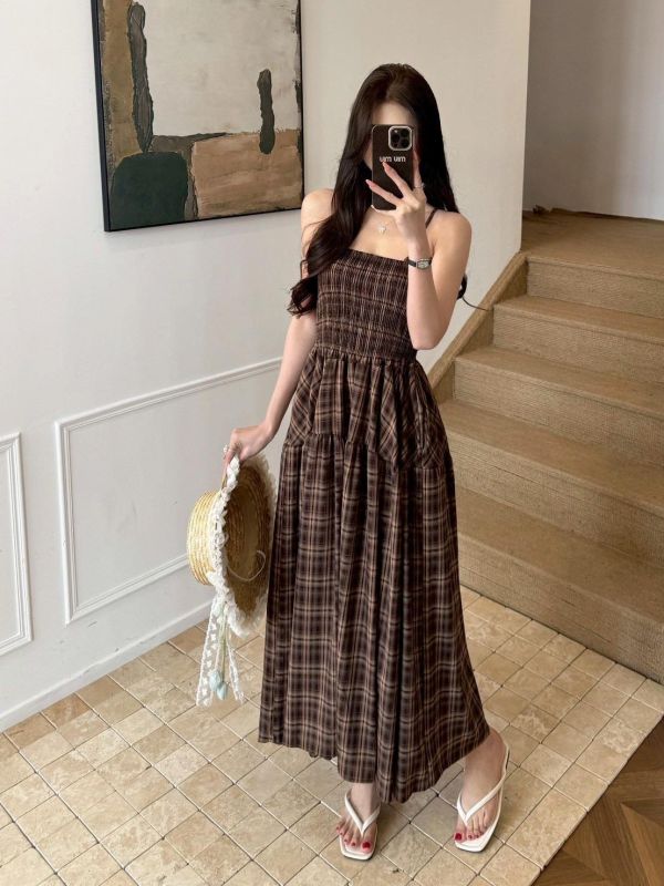 【格紋鬆緊吊帶長洋裝】 