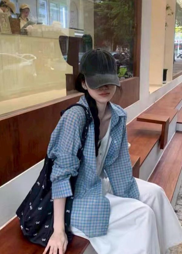 【黃藍格子薄長襯衫】 