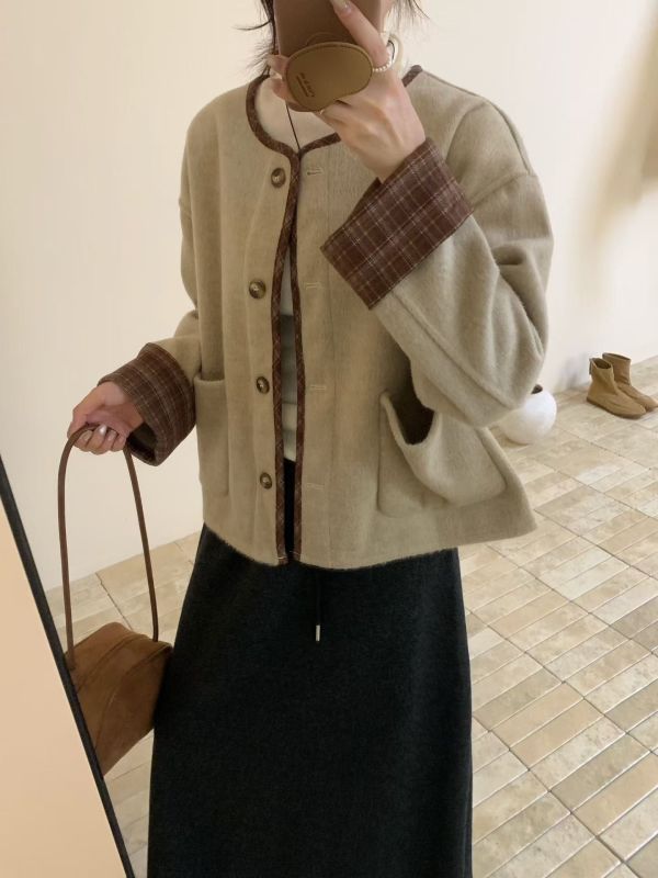 格紋拼接毛呢外套 