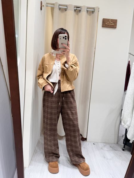 秋冬磨毛格子寬褲 