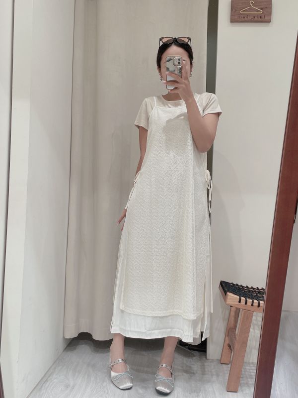 25春夏【亂紋蕾絲假兩件吊帶洋裝】 