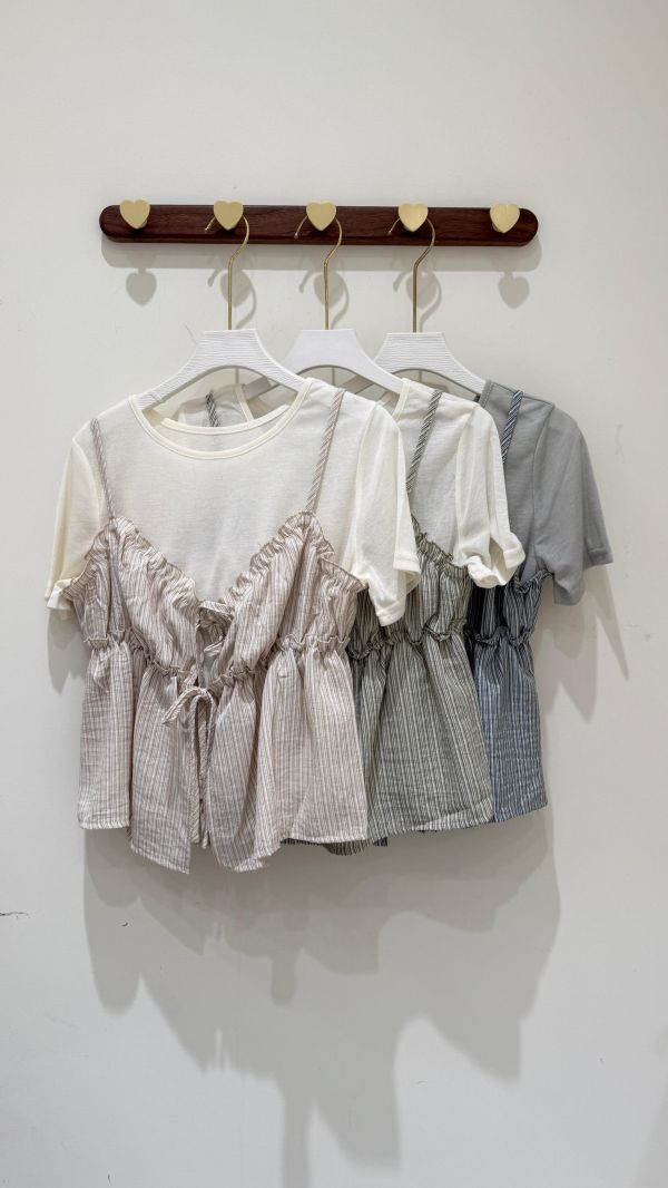 【甜美條紋吊帶兩件組】 