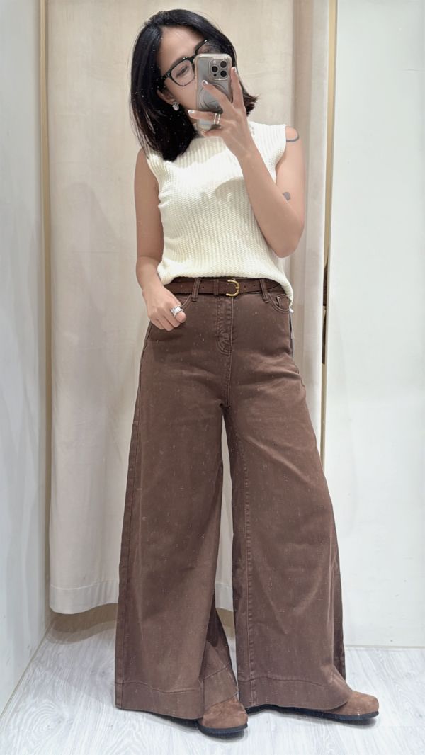 【麂皮皮帶寬喇叭牛仔褲】 