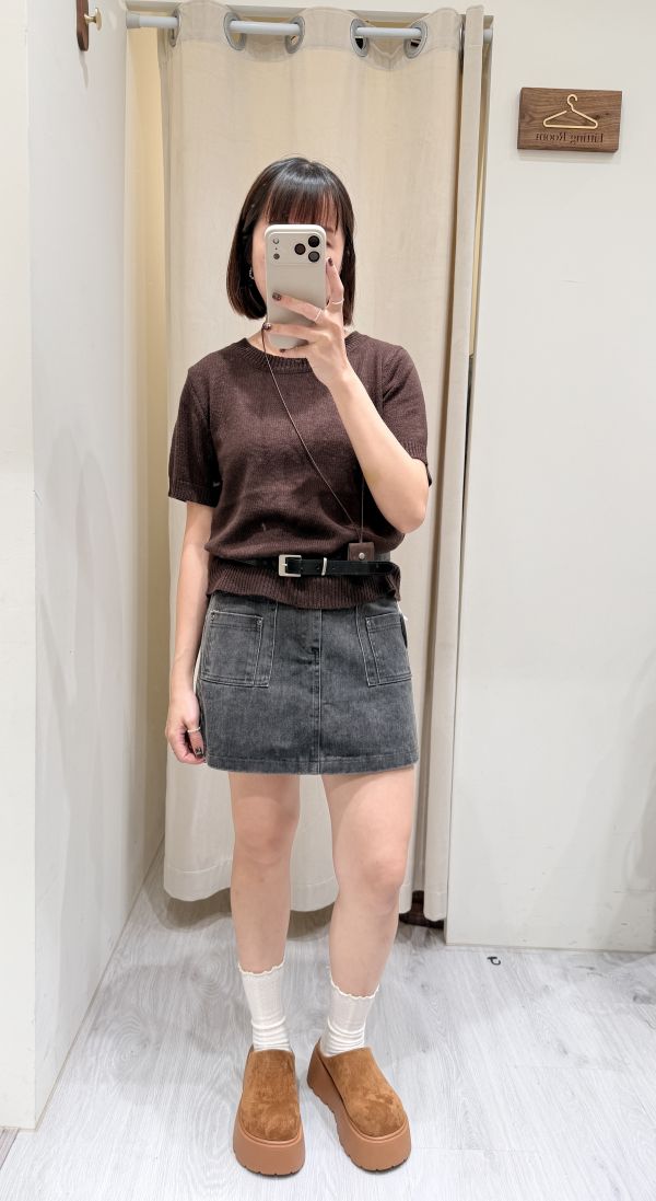 皮繩針織短袖上衣 