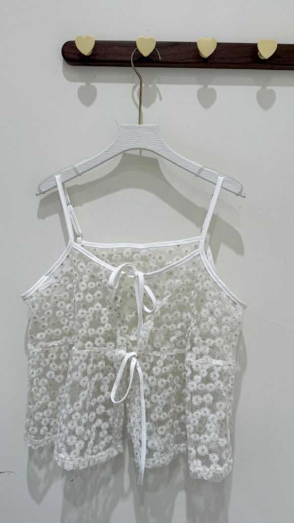 【刺繡小雛菊綁帶吊帶背心】 