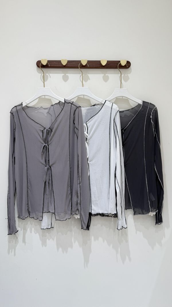 木耳邊網紗綁帶上衣 