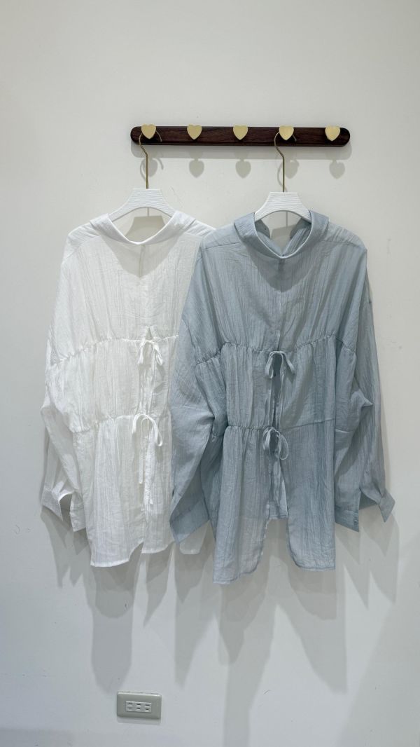 【皺皺後綁帶透透襯衫】 