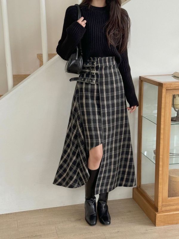 不規則設計格紋磨毛裙 