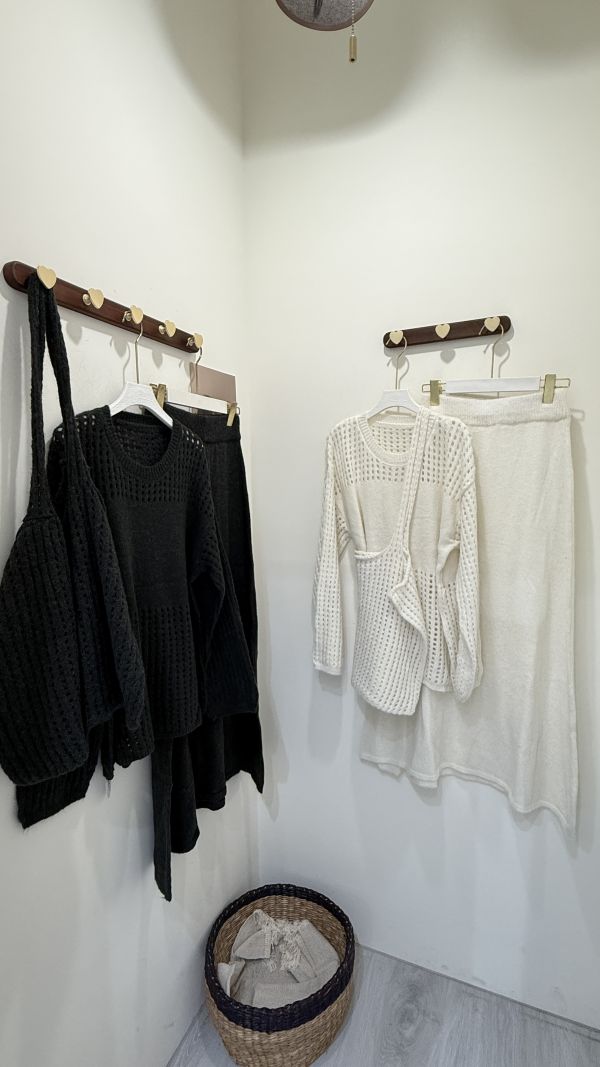 羊毛針織洞洞長裙三件套 