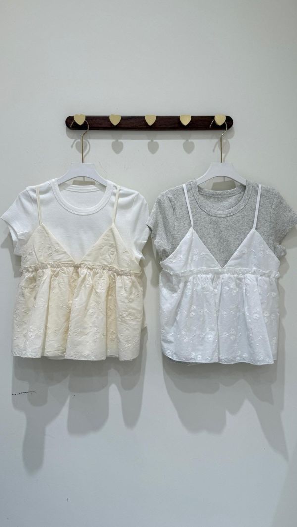 【棉麻刺繡花花吊帶兩件套組】 