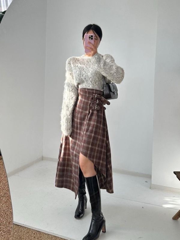 不規則設計格紋磨毛裙 