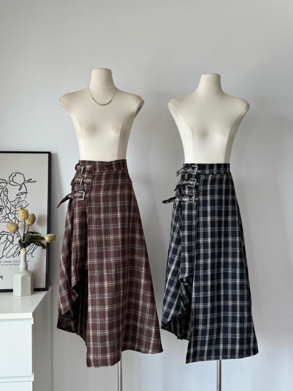 不規則設計格紋磨毛裙 