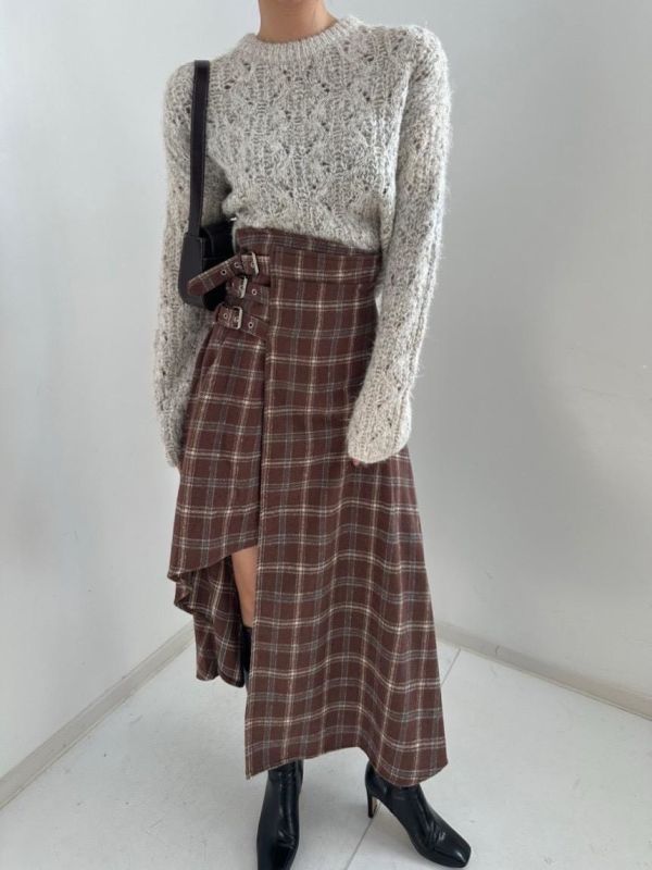 不規則設計格紋磨毛裙 