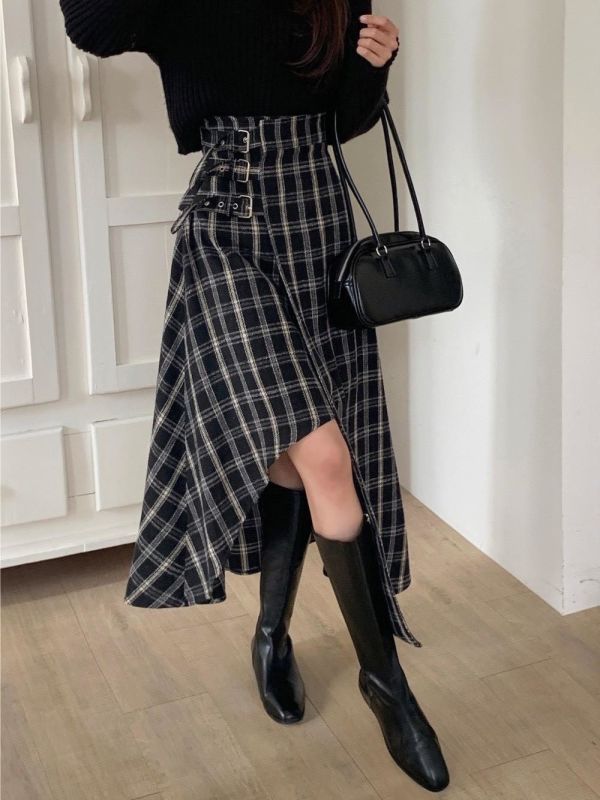 不規則設計格紋磨毛裙 