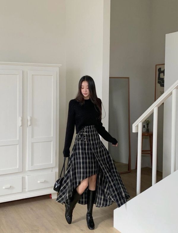 不規則設計格紋磨毛裙 