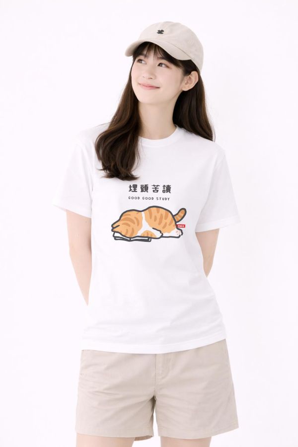 貓咪-埋頭苦讀 印花短袖 柴犬,貓咪,T恤,百搭,網路購物,萌經濟,可愛,卡通,狗狗,凱蒂貓