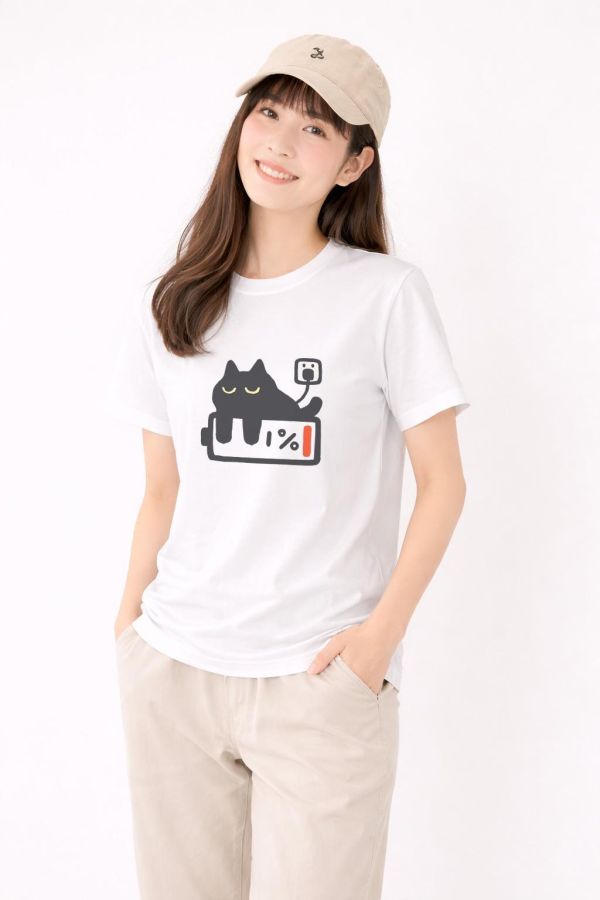 黑貓-沒電了 印花短袖 柴犬,貓咪,T恤,百搭,網路購物,萌經濟,可愛,卡通,狗狗,凱蒂貓