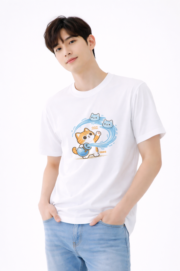 貓咪十二星座-水瓶座 印花短袖 柴犬,貓咪,T恤,百搭,網路購物,萌經濟,可愛,卡通,狗狗,凱蒂貓