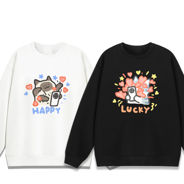 貓咪-HAPPY & LUCKY 重磅刷毛大學T 柴犬,貓咪,T恤,百搭,網路購物,萌經濟,可愛,卡通,狗狗,凱蒂貓