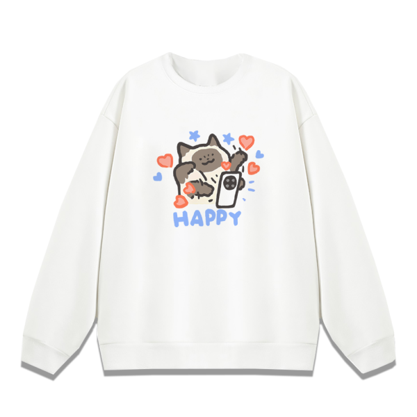 貓咪-HAPPY & LUCKY 重磅刷毛大學T 柴犬,貓咪,T恤,百搭,網路購物,萌經濟,可愛,卡通,狗狗,凱蒂貓