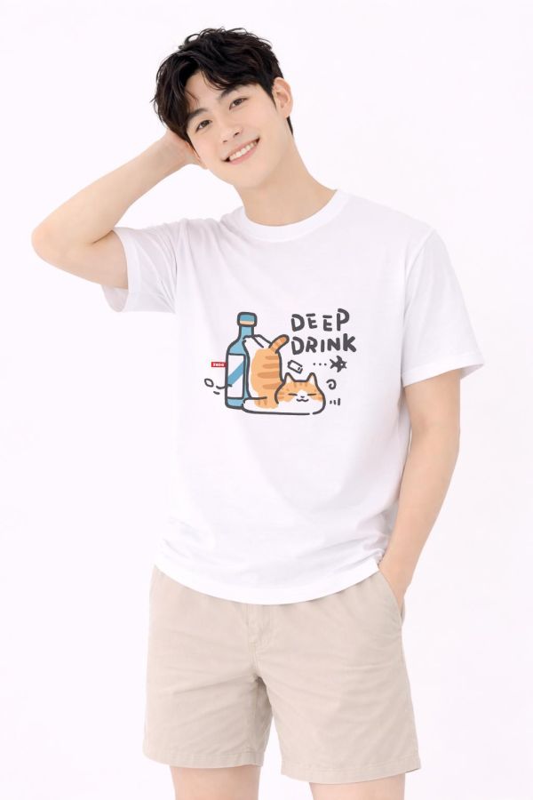 貓咪-DEEP DRINK 印花短袖 柴犬,貓咪,T恤,百搭,網路購物,萌經濟,可愛,卡通,狗狗,凱蒂貓
