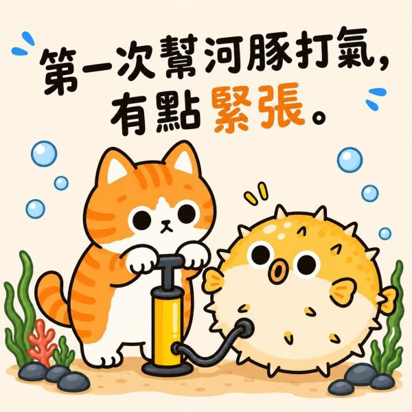 橘貓與河豚-打氣中 印花短袖 橘貓T恤,河豚T恤,貓咪T恤,印花短袖,純棉T恤,橘貓短袖,河豚短袖,海洋系列T恤,動物T恤,插畫T恤,中性短袖,JZ TEE