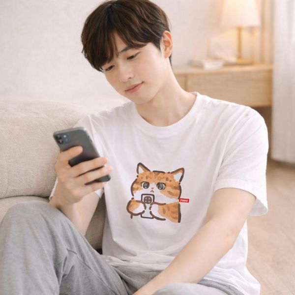 橘貓-玩手機 印花短袖 柴犬,貓咪,T恤,百搭,網路購物,萌經濟,可愛,卡通,狗狗,凱蒂貓