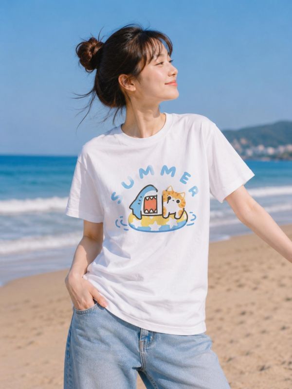 橘貓與鯊魚 印花短袖 柴犬,貓咪,T恤,百搭,網路購物,萌經濟,可愛,卡通,狗狗,凱蒂貓