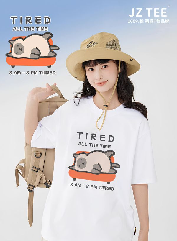 暹羅貓-疲憊 印花短袖 柴犬,貓咪,T恤,百搭,網路購物,萌經濟,可愛,卡通,狗狗,凱蒂貓