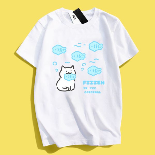 White Cat Eating Fish Tee White Cat Eating Fish Tee