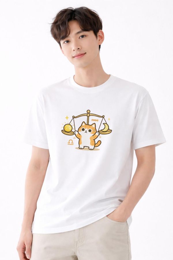 貓咪十二星座-天秤座 印花短袖 柴犬,貓咪,T恤,百搭,網路購物,萌經濟,可愛,卡通,狗狗,凱蒂貓