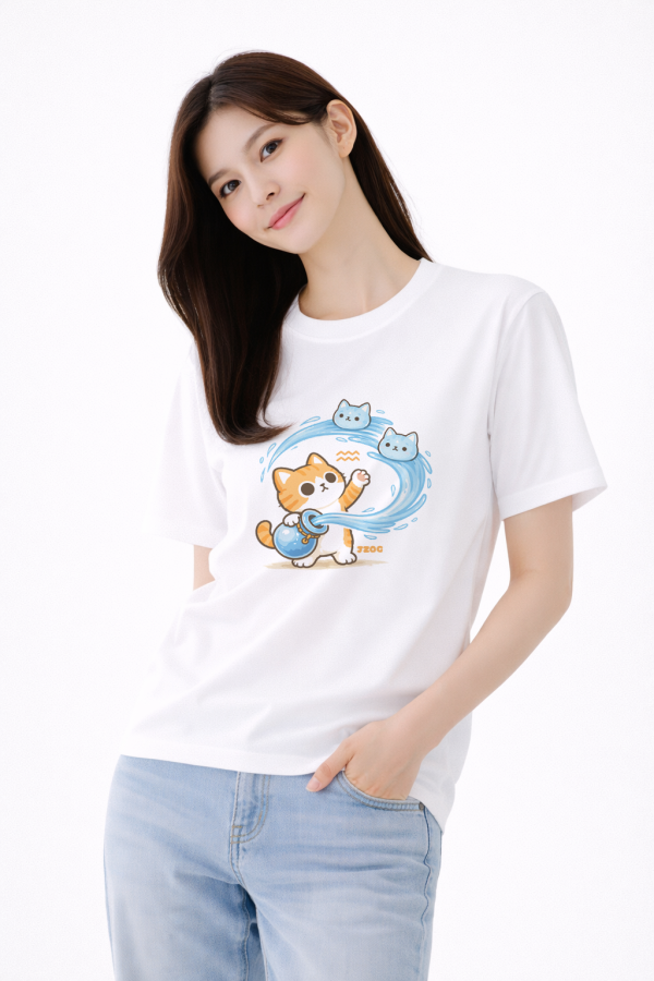 貓咪十二星座-水瓶座 印花短袖 柴犬,貓咪,T恤,百搭,網路購物,萌經濟,可愛,卡通,狗狗,凱蒂貓