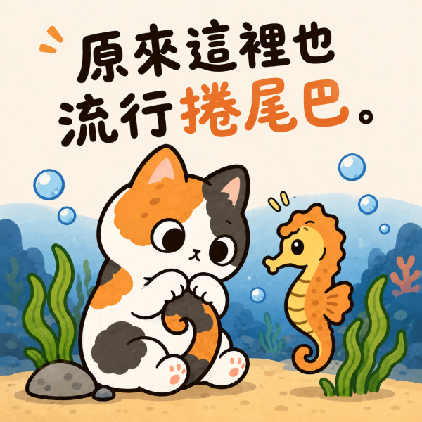 花貓與海馬-捲尾巴 印花短袖 花貓T恤,海馬T恤,貓咪T恤,印花短袖,純棉T恤,花貓短袖,海馬短袖,動物T恤,海洋系列T恤,插畫T恤,中性短袖,JZ TEE