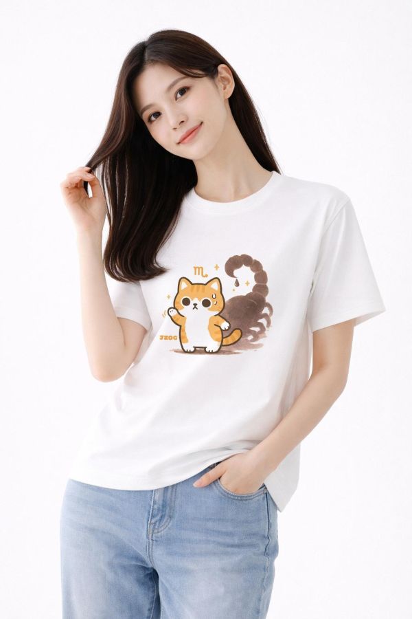 貓咪十二星座-天蠍座 印花短袖 柴犬,貓咪,T恤,百搭,網路購物,萌經濟,可愛,卡通,狗狗,凱蒂貓