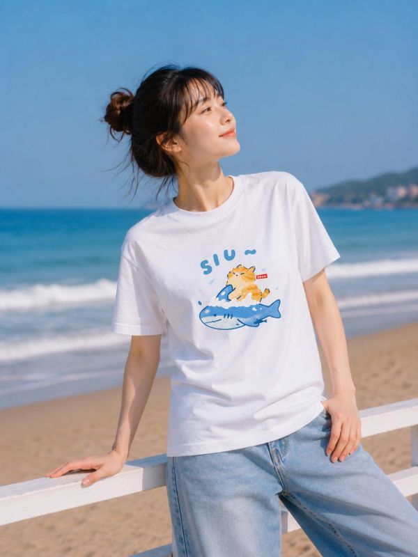 橘貓與鯊魚-SIU 印花短袖 柴犬,貓咪,T恤,百搭,網路購物,萌經濟,可愛,卡通,狗狗,凱蒂貓
