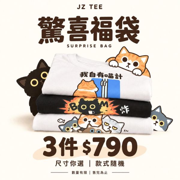 JZ TEE 驚喜福袋｜印花短袖 3件 JZ TEE,驚喜福袋,短袖福袋,T恤福袋,印花短袖,印花T恤,短袖T恤,貓咪T恤,插畫T恤,台灣原創T恤,福袋,服飾福袋,隨機福袋,短T