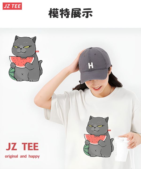 灰貓吃西瓜 印花短袖 柴犬,貓咪,T恤,百搭,網路購物,萌經濟,可愛,卡通,狗狗,凱蒂貓
