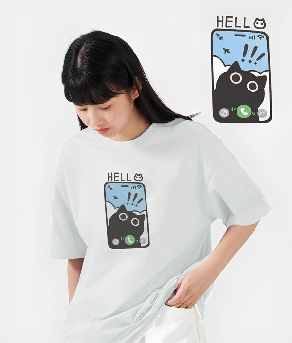 黑貓-HELLO! 印花短袖 柴犬,貓咪,T恤,百搭,網路購物,萌經濟,可愛,卡通,狗狗,凱蒂貓