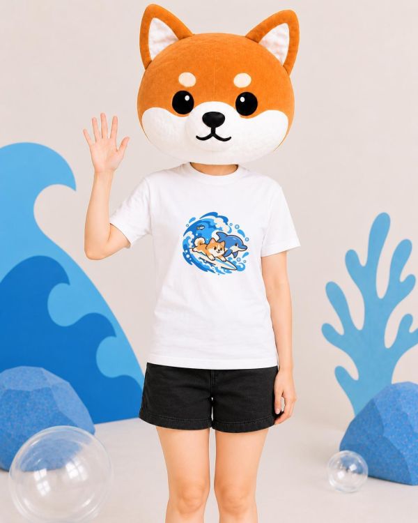 海豚與柴犬-衝浪 印花短袖 虎斑貓T恤,海獺T恤,貓咪T恤,印花短袖,純棉T恤,海獺短袖,貓咪短袖,動物T恤,海洋系列T恤,插畫T恤,中性短袖,JZ TEE