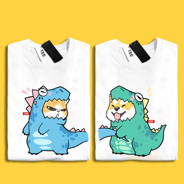 Dinosaur-Themed Shiba Inu & Cat Short-Sleeve T-Shirt 情侶裝,貓咪,T恤,百搭,網路購物,萌經濟,可愛,卡通,狗狗,凱蒂貓