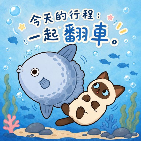 暹羅貓與翻車魚-觀察 印花短袖 暹羅貓T恤,翻車魚T恤,貓咪T恤,印花短袖,純棉T恤,暹羅貓短袖,翻車魚短袖,海洋系列T恤,動物T恤,插畫T恤,中性短袖,JZ TEE