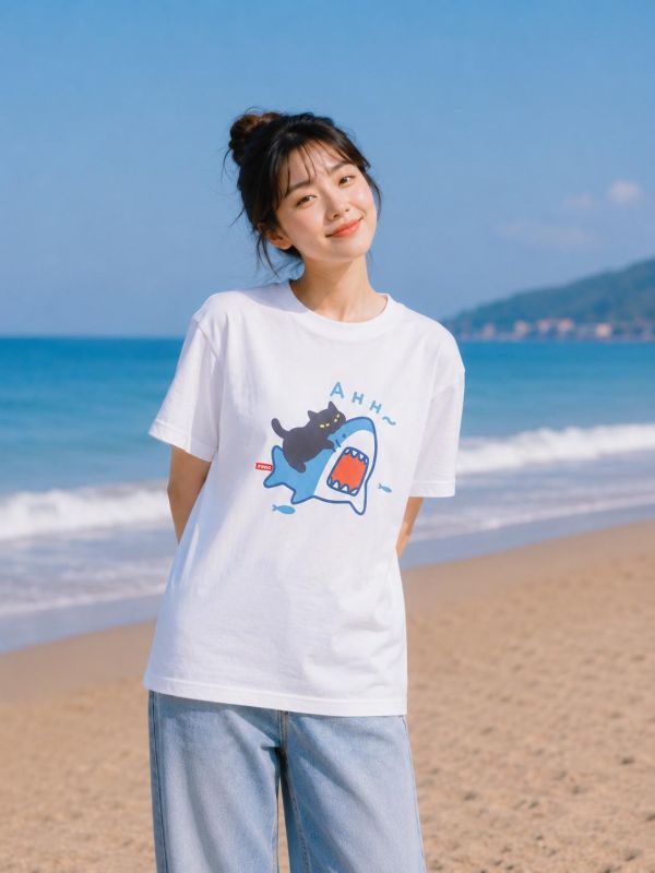 黑貓咬鯊魚 印花短袖 柴犬,貓咪,T恤,百搭,網路購物,萌經濟,可愛,卡通,狗狗,凱蒂貓