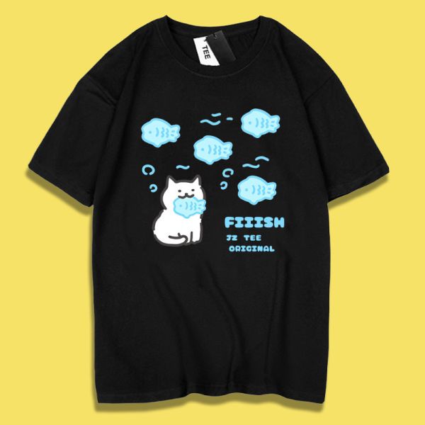 White Cat Eating Fish Tee White Cat Eating Fish Tee