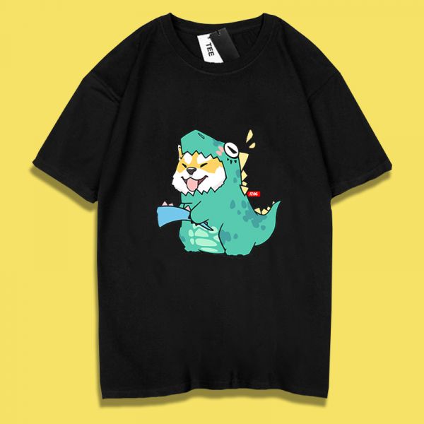 Dinosaur-Themed Shiba Inu & Cat Short-Sleeve T-Shirt 情侶裝,貓咪,T恤,百搭,網路購物,萌經濟,可愛,卡通,狗狗,凱蒂貓