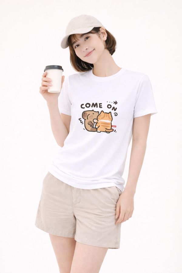 水豚&橘貓-COME ON 印花短袖 柴犬,貓咪,T恤,百搭,網路購物,萌經濟,可愛,卡通,狗狗,凱蒂貓
