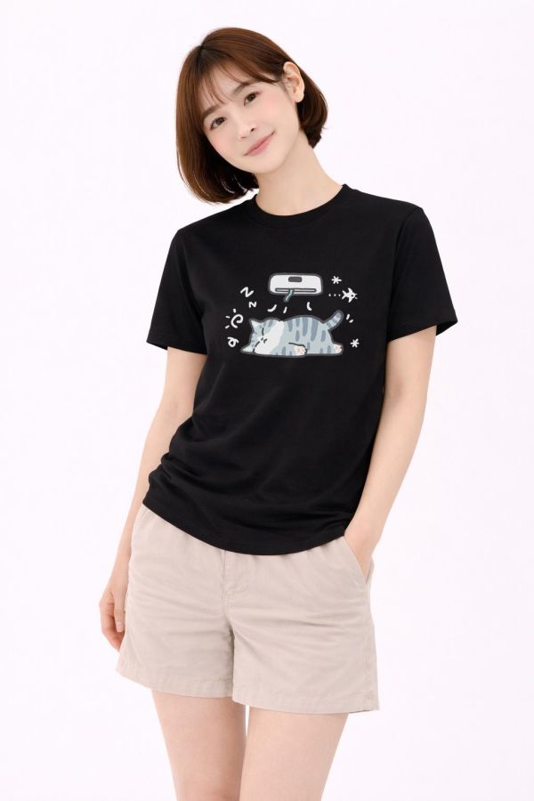 貓咪-吹冷氣 印花短袖 柴犬,貓咪,T恤,百搭,網路購物,萌經濟,可愛,卡通,狗狗,凱蒂貓