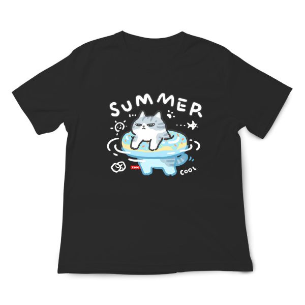 貓咪-SUMMER 游泳 印花短袖 柴犬,貓咪,T恤,百搭,網路購物,萌經濟,可愛,卡通,狗狗,凱蒂貓
