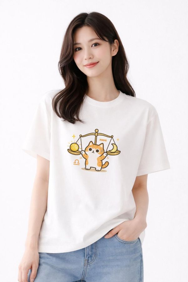 貓咪十二星座-天秤座 印花短袖 柴犬,貓咪,T恤,百搭,網路購物,萌經濟,可愛,卡通,狗狗,凱蒂貓