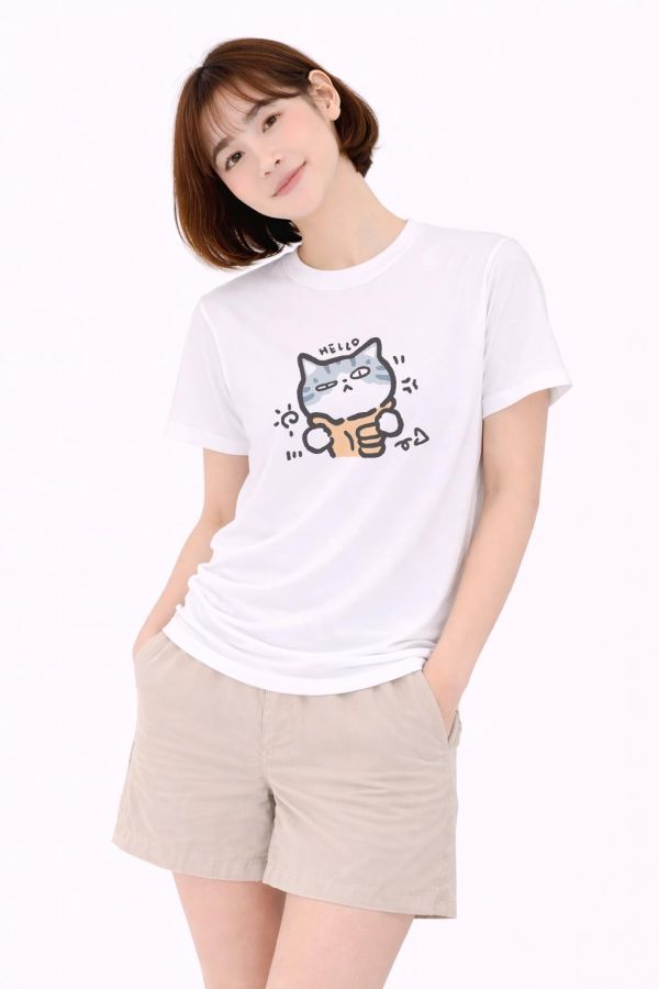 貓咪-甜筒 HELLO 印花短袖 柴犬,貓咪,T恤,百搭,網路購物,萌經濟,可愛,卡通,狗狗,凱蒂貓